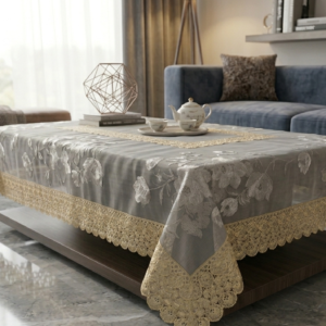 KrownLiving Grey Elegance Table Cover with Golden Lace 40×60 Inch
