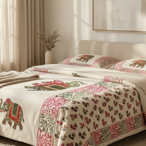 KrownLiving Royal Jaipuri Elephant Majesty Bedsheet 100% Cotton with 2 Pillow Covers